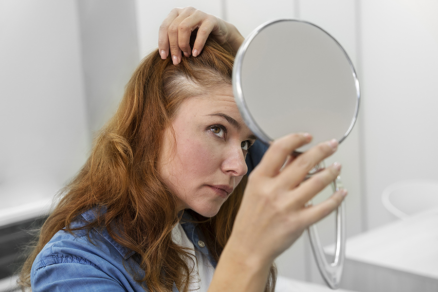 Mujer preocupada por la caída del cabello y la salud capilar.